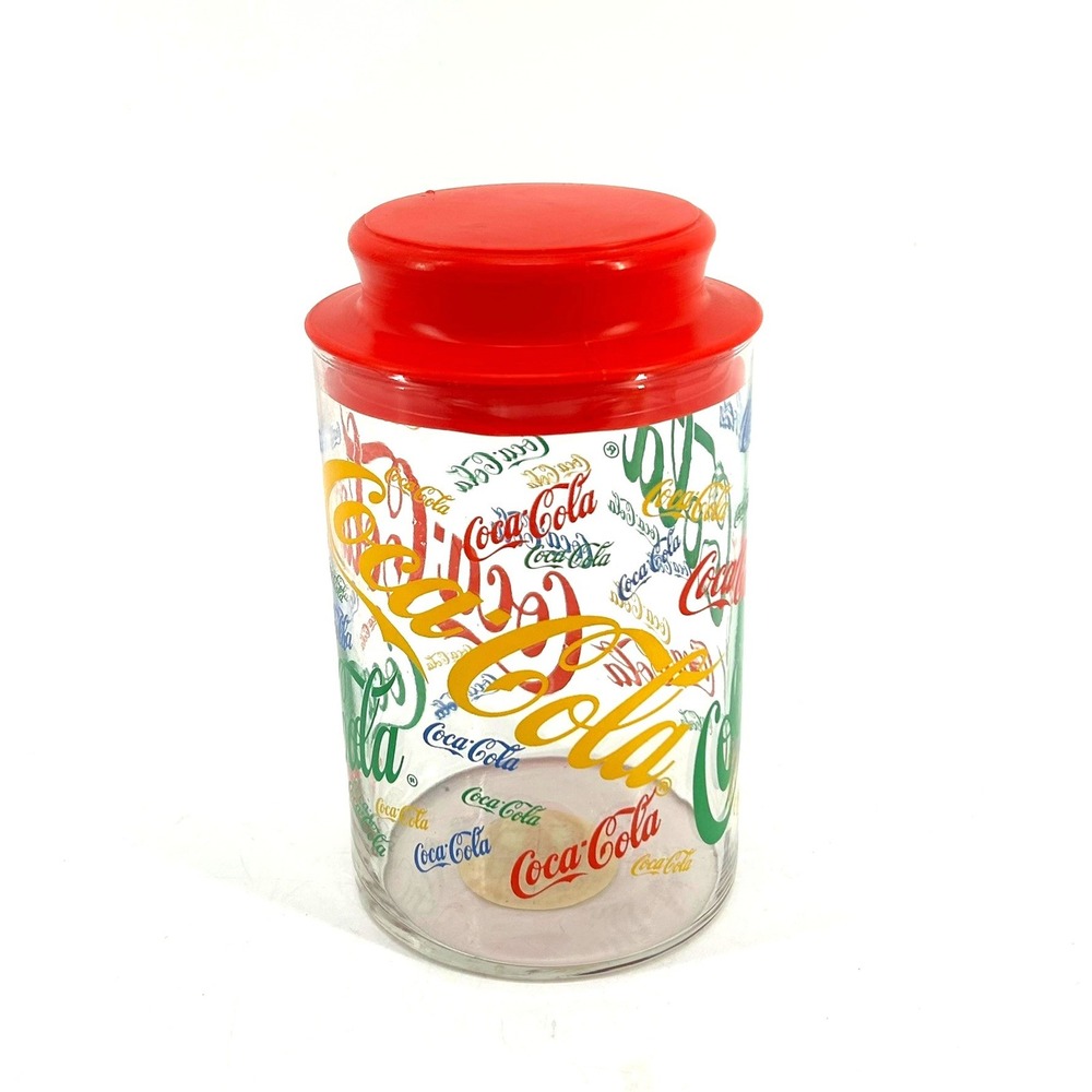 Coca-Cola Vintage Indiana Glass 20oz Multicolor Coke Collage Jar Canister RedLid - Picture 3 of 7